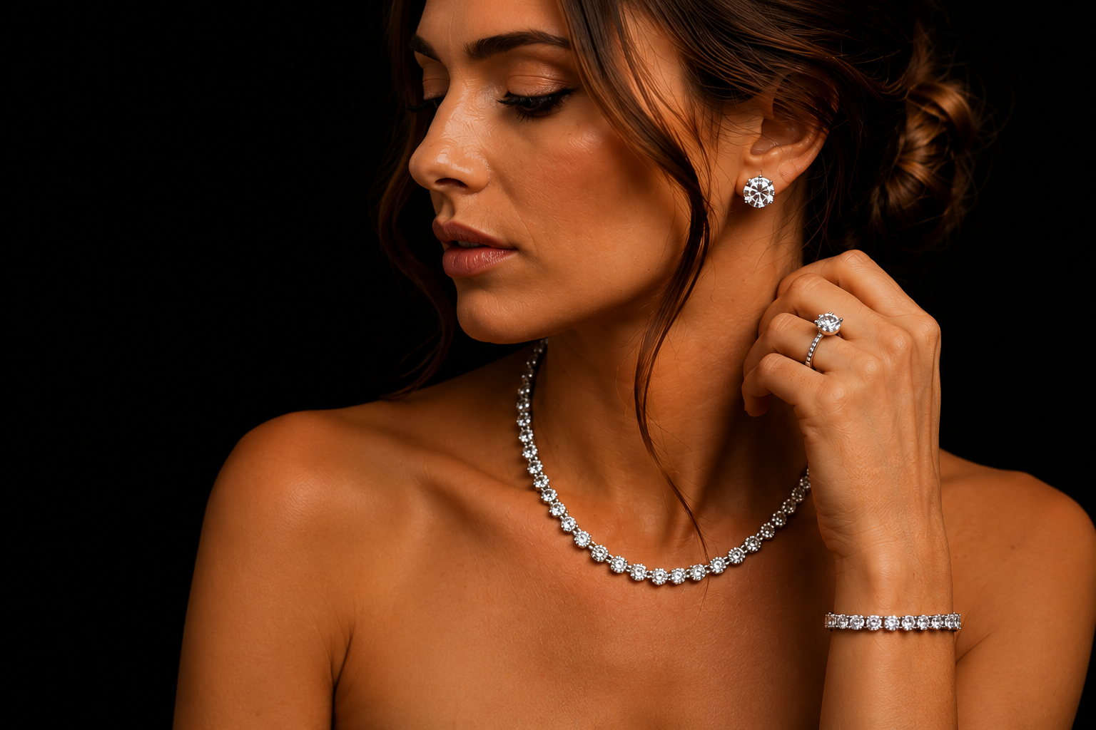 Woman wearing diamond necklace and earrings